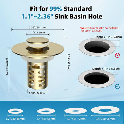 Universal Metal Bathroom Sink Drain Strainer Hair Catcher Upgraded 3 in 1 Pop-up Sink Stopper, with Detachable Stainless Steel Filter Basket, Fit for Standard 1.1''~2.36'' Basin Hole, Brushed Nickle