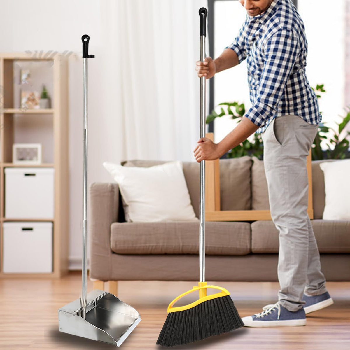 Stainless Steel Dustpan with Outdoor Stiff Bristles Broom,Long Handle Metal Dust Pan and Heavy Duty Broom for Home,Lobby,Office