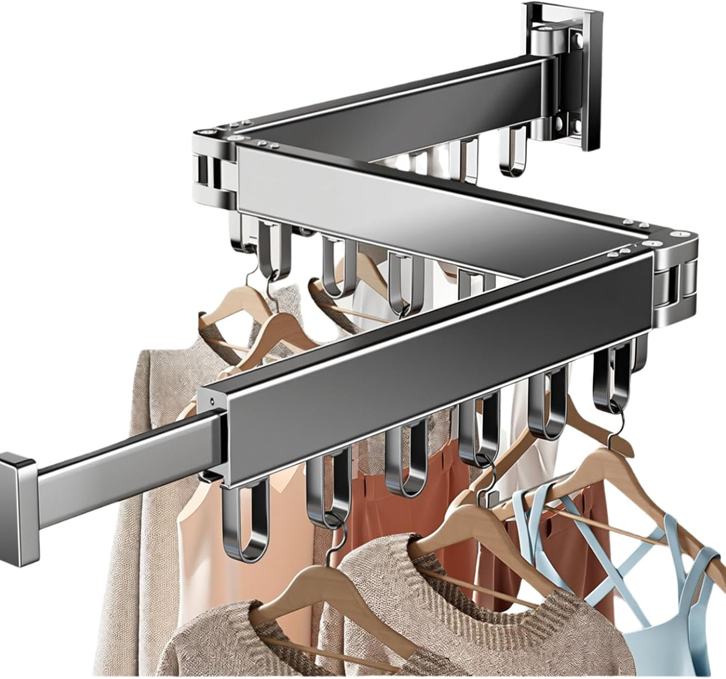 Wall Mounted Foldable Clothes Drying Rack with 18 Hooks, No-Drill, Black | Retractable with 18 Hooks, No-Drill/Drill Dual Installation, Space-Saving Aluminum, For Balcony, Bathroom, Indoor Outdoor