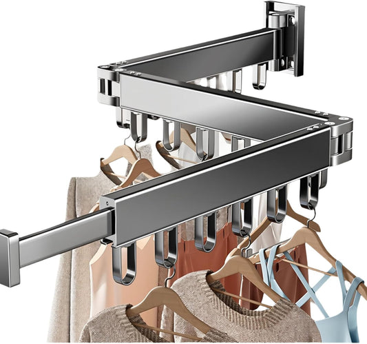 Wall Mounted Foldable Clothes Drying Rack with 18 Hooks, No-Drill, Black | Retractable with 18 Hooks, No-Drill/Drill Dual Installation, Space-Saving Aluminum, For Balcony, Bathroom, Indoor Outdoor
