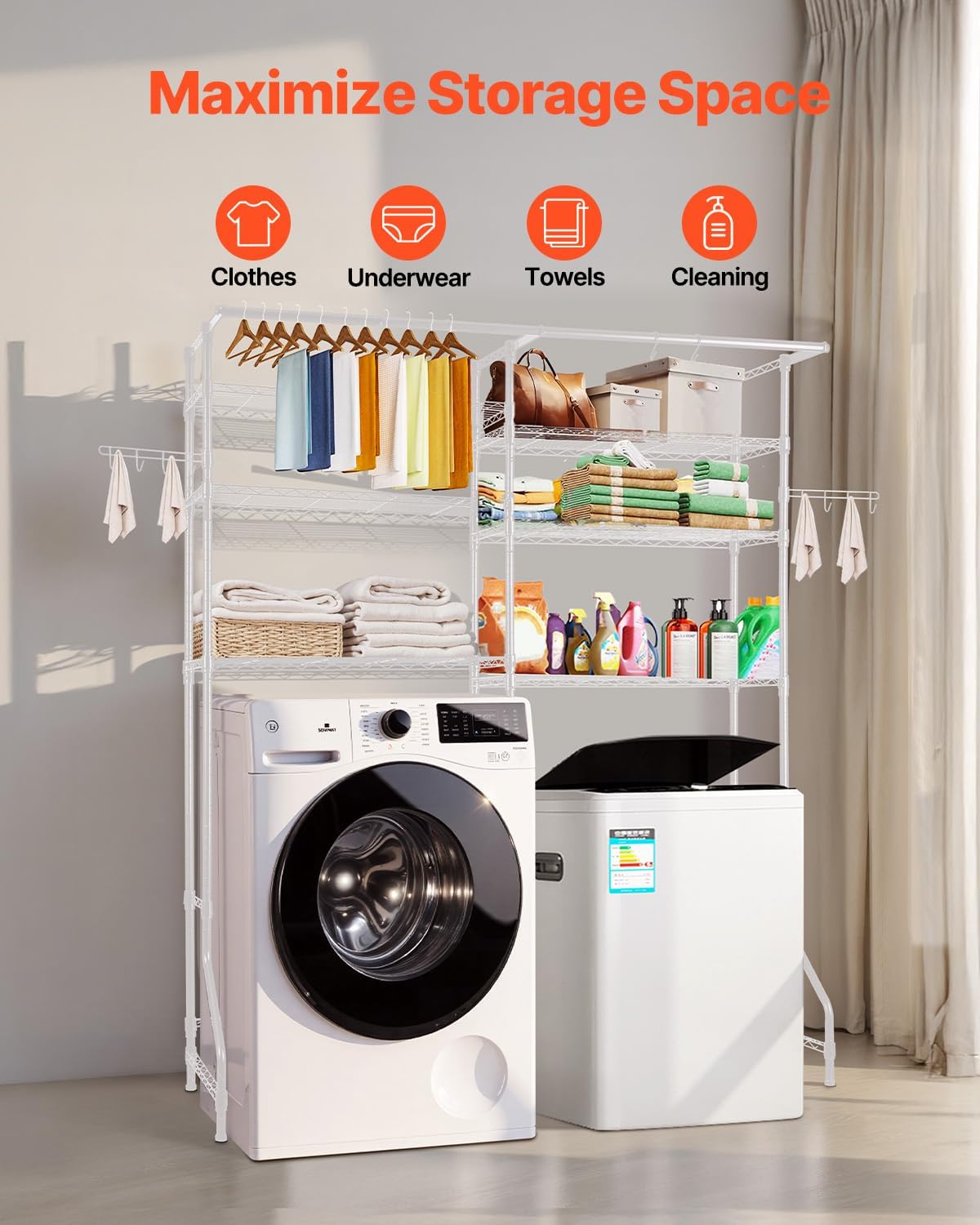 VEVOR Over Washer and Dryer Storage Shelves, 6 Tiers Laundry Room Drying Rack with Hanger Rod and Hooks, Two Rows Adjustable Washer Shelves Space Saver, for Laundry Room Storage & Organization, Black