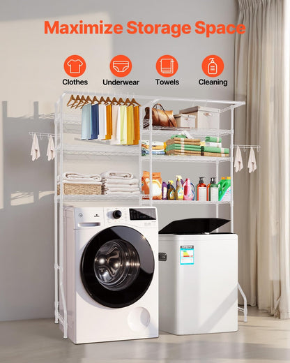VEVOR Over Washer and Dryer Storage Shelves, 6 Tiers Laundry Room Drying Rack with Hanger Rod and Hooks, Two Rows Adjustable Washer Shelves Space Saver, for Laundry Room Storage & Organization, Black
