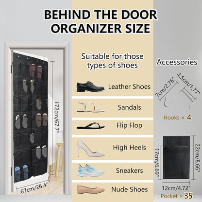 Over the Door Shoe Organizer, 12 Mesh Pockets Hanging Shoe Organizer with 4 Metal Hooks (Black)