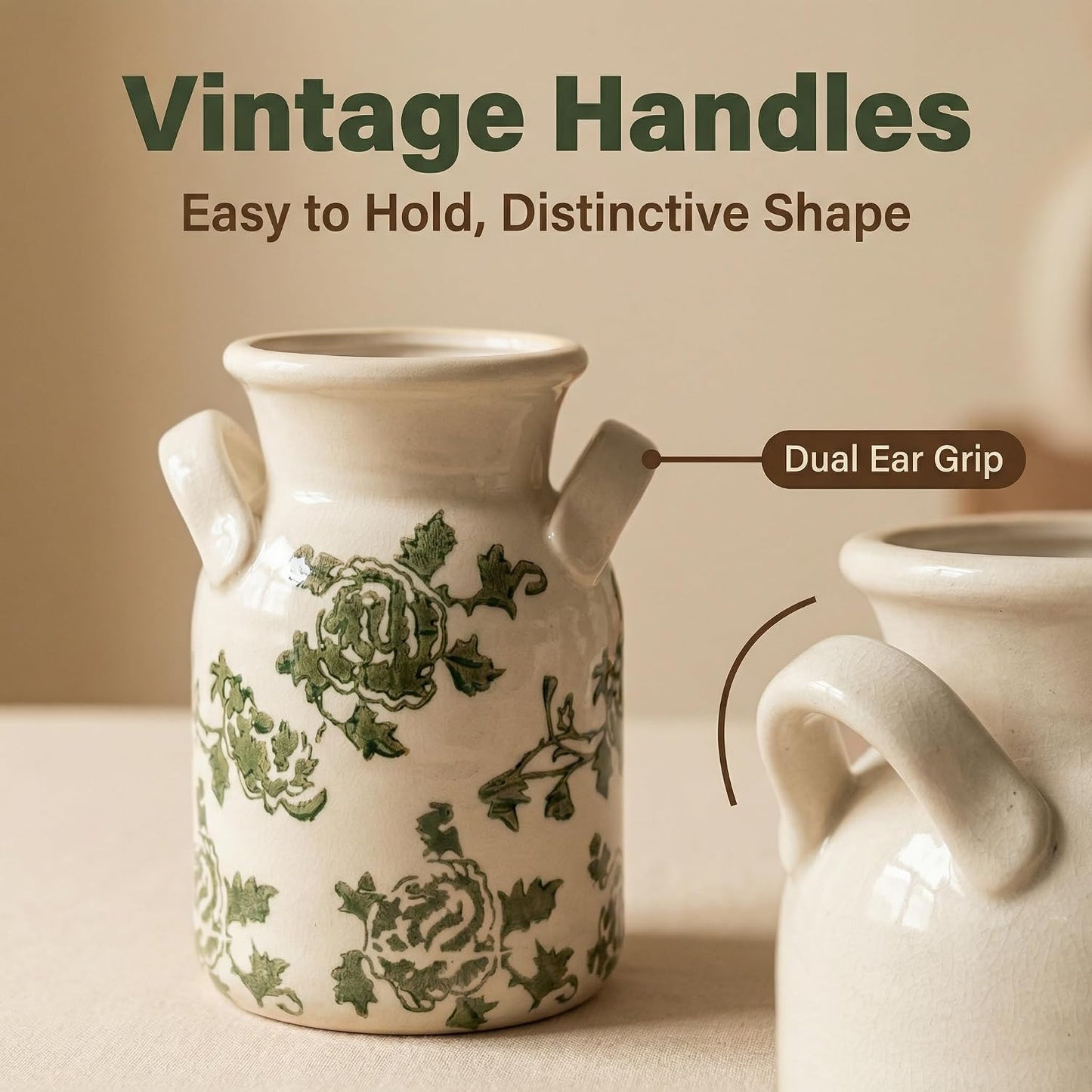 Ceramic Vase Set of 3 with Handles, Green White Neutral Rustic Modern Farmhouse Boho Decor, Versatile as Table Centerpiece or Mantel & Shelf Accent - Unique Home Gift Idea