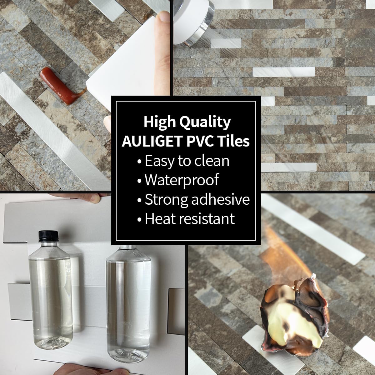 AULIGET 20 Sheets Peel and Stick Backsplash, Black & Grey Wood Look PVC Mixed Metal Stick on Backsplash Tiles for Kitchen