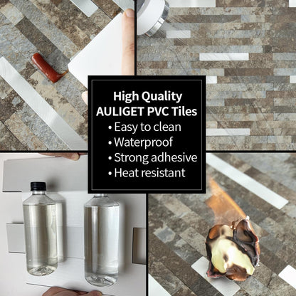 AULIGET 20 Sheets Peel and Stick Backsplash, Black & Grey Wood Look PVC Mixed Metal Stick on Backsplash Tiles for Kitchen