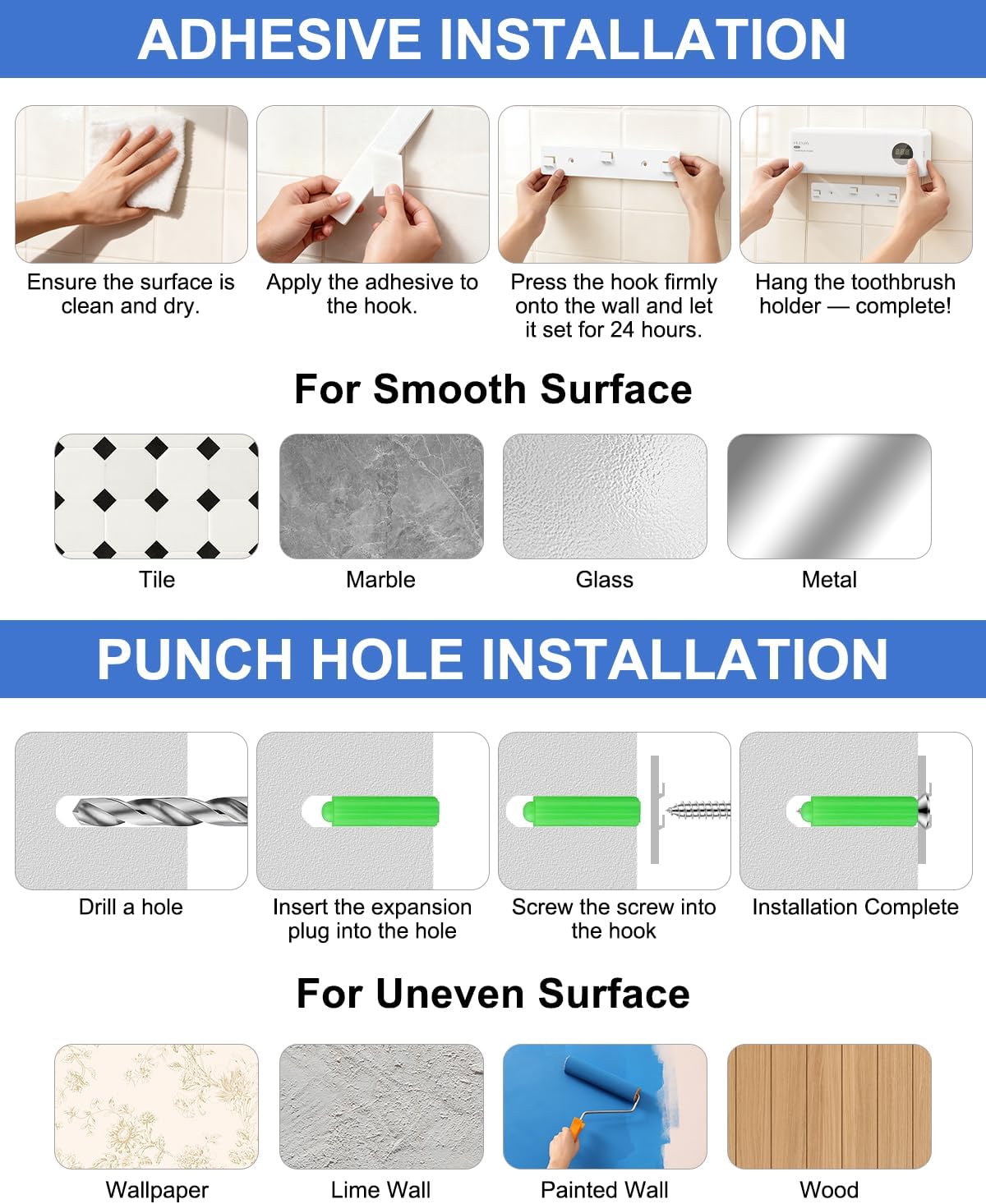 UV Toothbrush Sanitizer with Holder, Electric Toothbrush Holder Wall Mounted with Cover for 4 Slots, 2000mAh Rechargeable with Timer, Cordless Bathroom Organizer - White