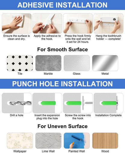 UV Toothbrush Sanitizer with Holder, Electric Toothbrush Holder Wall Mounted with Cover for 4 Slots, 2000mAh Rechargeable with Timer, Cordless Bathroom Organizer - White