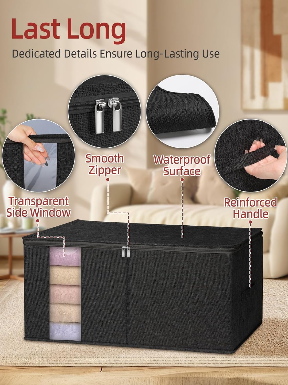 60L Blanket/Comforter Storage Bag w/Rigid Side & Bottom Support, Stackable Clothes Storage Bin for Sweaters Bedding Sets Quilts Pillows, Closet Organizer, 21.7x14.2x11.8in, 2 Pack, Gray