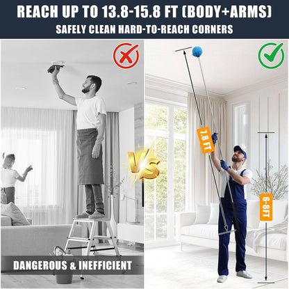 Lightweight Cobweb Duster with Extension Pole – 8FT Long Reach Brush Kit, Washable Head for Ceiling Fan, Spider Webs, Dust – Cleans Up to 15FT, for Furniture, Eaves, Vents, Roof