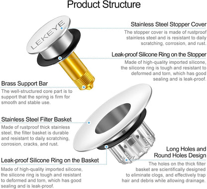 LEKEYE Tub Stopper | Shower Drain Hair Catcher | Pop-up Drain Stopper with Strainer | Bathroom Bathtub Plug | Drain Protector for 1-1/2 to 1-3/4" Bath Drain Hole