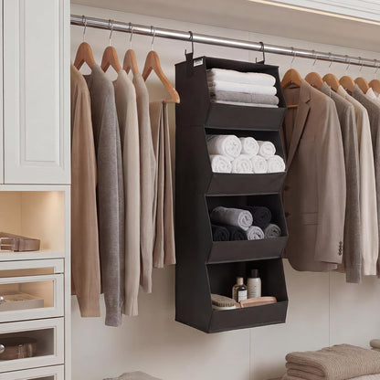 StorageWorks Basics Hanging Closet Organizer, 4-Shelf Wide Trapezoid Closet Shelves with Reinforced Anti-Sagging Support for Sweaters, Hoodies and Handbags, Foldable Storage Organizer, Beige