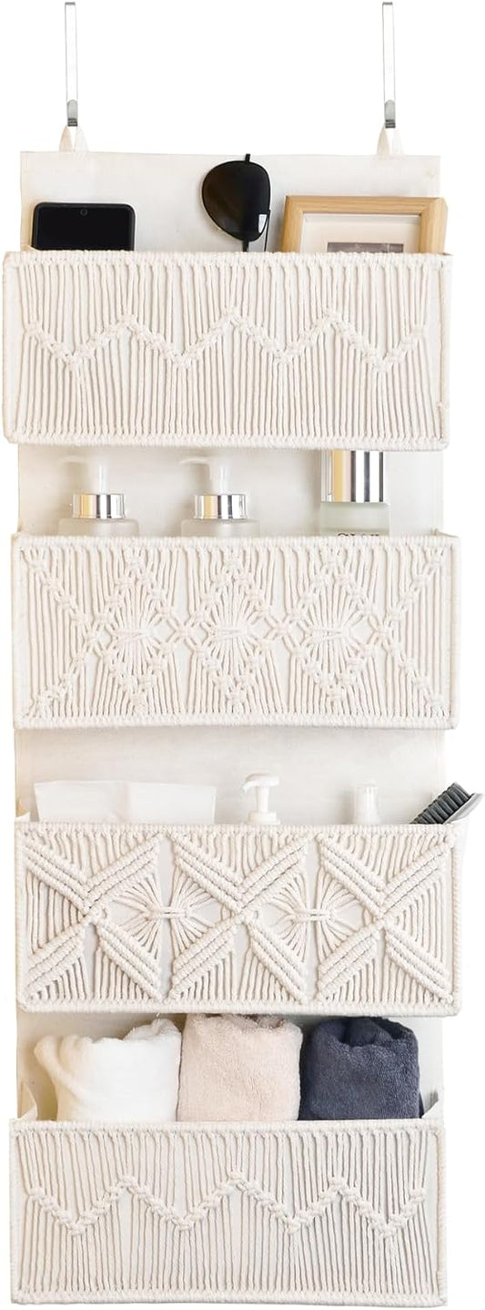janebeauties Over the Door Organizer Macrame Boho Nursery Storage with 4 Large Woven Pockets, Hanging Basket for Bathroom, Nursery & Closet Doors, Behind the Door Storage Organizer, Cream White