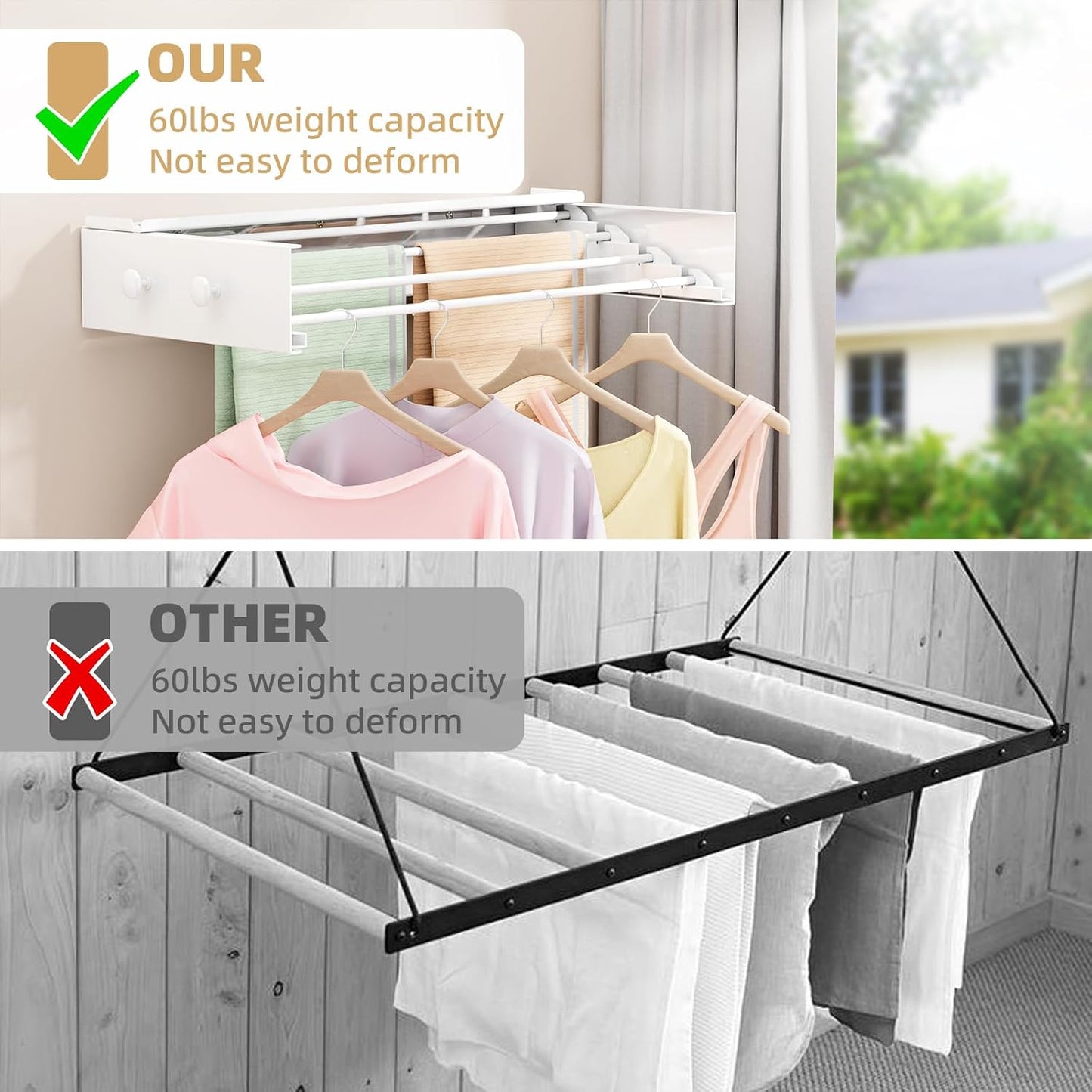 Wall Mounted Drying Rack 23.6'', Foldable Laundry Drying Rack Wall Mount with 4 Towel Hooks and 4 Rods, Space Saving Drying Rack Clothing for Indoor Outdoor Bathroom Balcony (White, 23.6'')