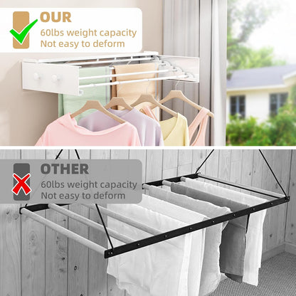 Wall Mounted Drying Rack 23.6'', Foldable Laundry Drying Rack Wall Mount with 4 Towel Hooks and 4 Rods, Space Saving Drying Rack Clothing for Indoor Outdoor Bathroom Balcony (White, 23.6'')