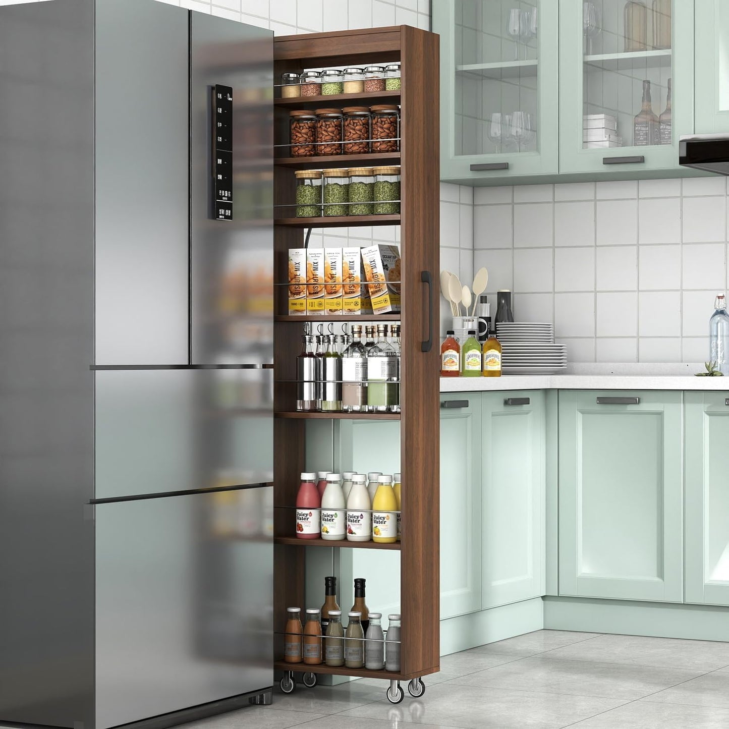 7 Tier Slim Rolling Storage Cart - Kitchen & Pantry Organizer, Narrow Storage Cabinet with Handle & Wheels, Spice Pull-Out Rack Next to Fridge Storage Shelf (White A-7 Tier Shelf Unit)