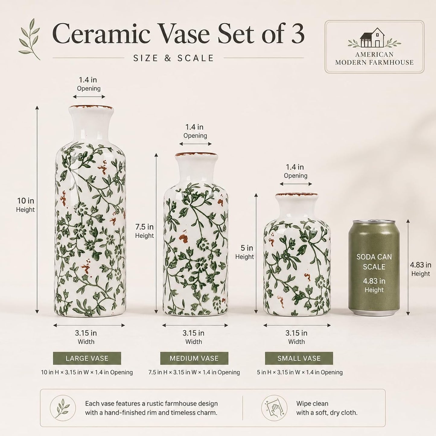 Ceramic Vase Set of 3 – Small Flower Vases, Modern Farmhouse Boho Flower Vases for Home Decor, Rustic Pottery Vases for Centerpieces, Living Room, Shelf, Fireplace, Entryway Decor, Table or Cabinet