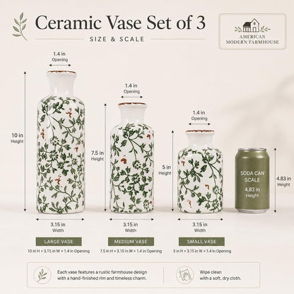Ceramic Vase Set of 3 – Small Flower Vases, Modern Farmhouse Boho Flower Vases for Home Decor, Rustic Pottery Vases for Centerpieces, Living Room, Shelf, Fireplace, Entryway Decor, Table or Cabinet