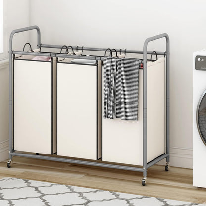 LINZINAR 3-Bag Laundry Hamper, Black Laundry Basket, 35.6 Gal(135 L) Laundry Sorter Cart Laundry Room Organization with Heavy Duty Rolling Lockable Wheels and Removable Bags