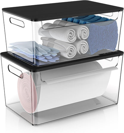 COAZEX 2 Pack Trash Bag Holder Under Sink Stackable, Plastic Garbage Dispenser with Lid, Trash Bag Storage Dispenser Roll Holder for Kitchen, Pantry, Laundry Room Organization