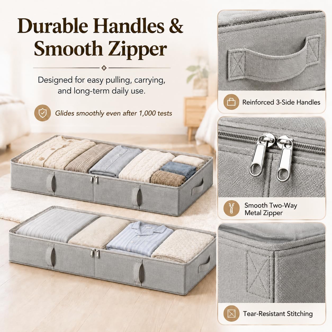 Vailando Side-Supported Under Bed Storage Containers, 6 Inches Tall 60L Underbed Storage Bins with Sturdy Handles and Sidewalls, Closet Organizer for Clothes, Blankets, Seasonal Items, Beige, 2-Pack
