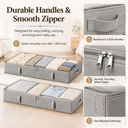 Vailando Side-Supported Under Bed Storage Containers, 6 Inches Tall 60L Underbed Storage Bins with Sturdy Handles and Sidewalls, Closet Organizer for Clothes, Blankets, Seasonal Items, Beige, 2-Pack