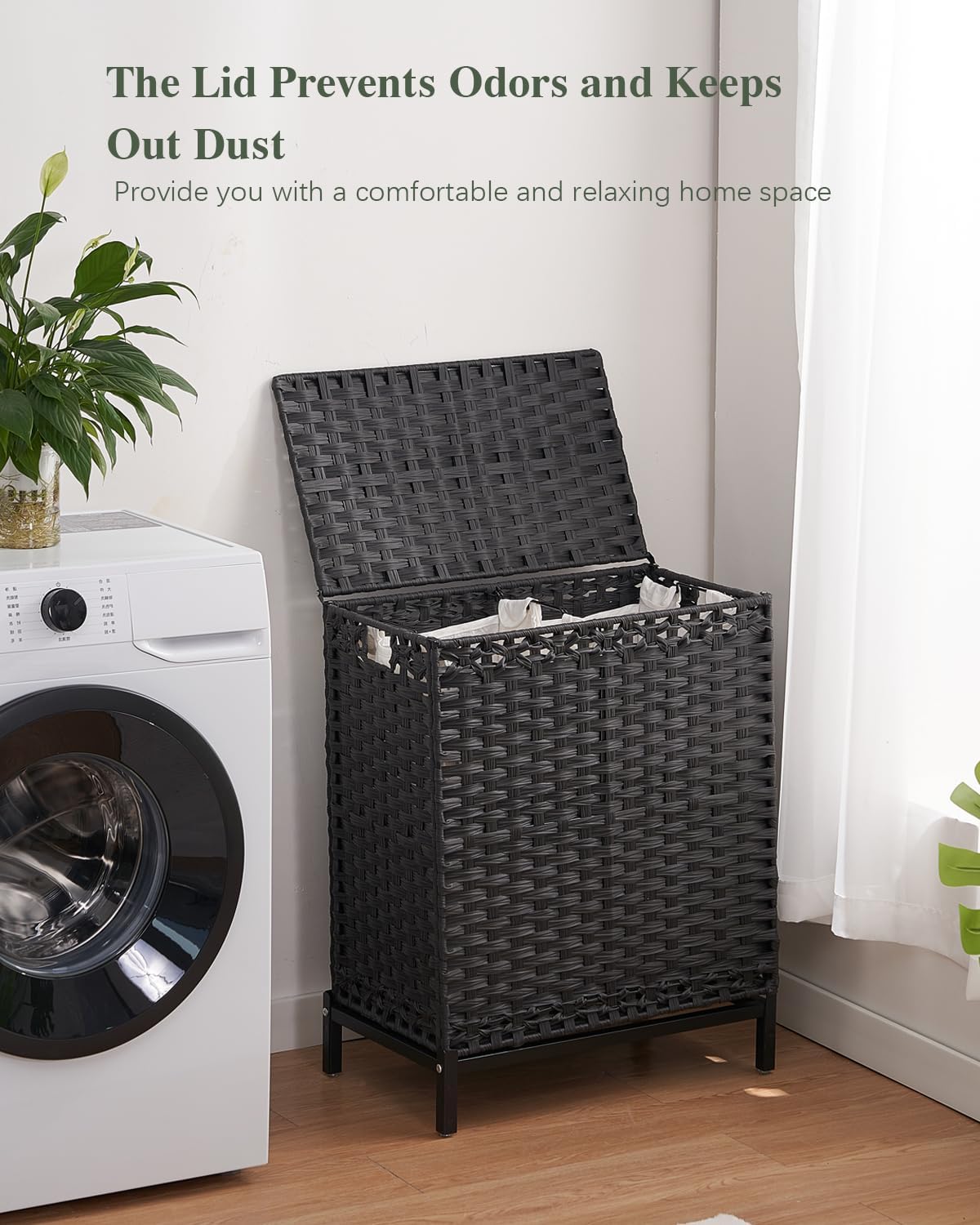 SETVSON Laundry Hamper with Lid 132 L, (35 Gallons) Clothes Hamper with Lid, Handwoven Rattan Laundry Hamper with Metal Heightened Feet, Laundry Hampers with 3 Removable Liner Bags for Laundry-Natural