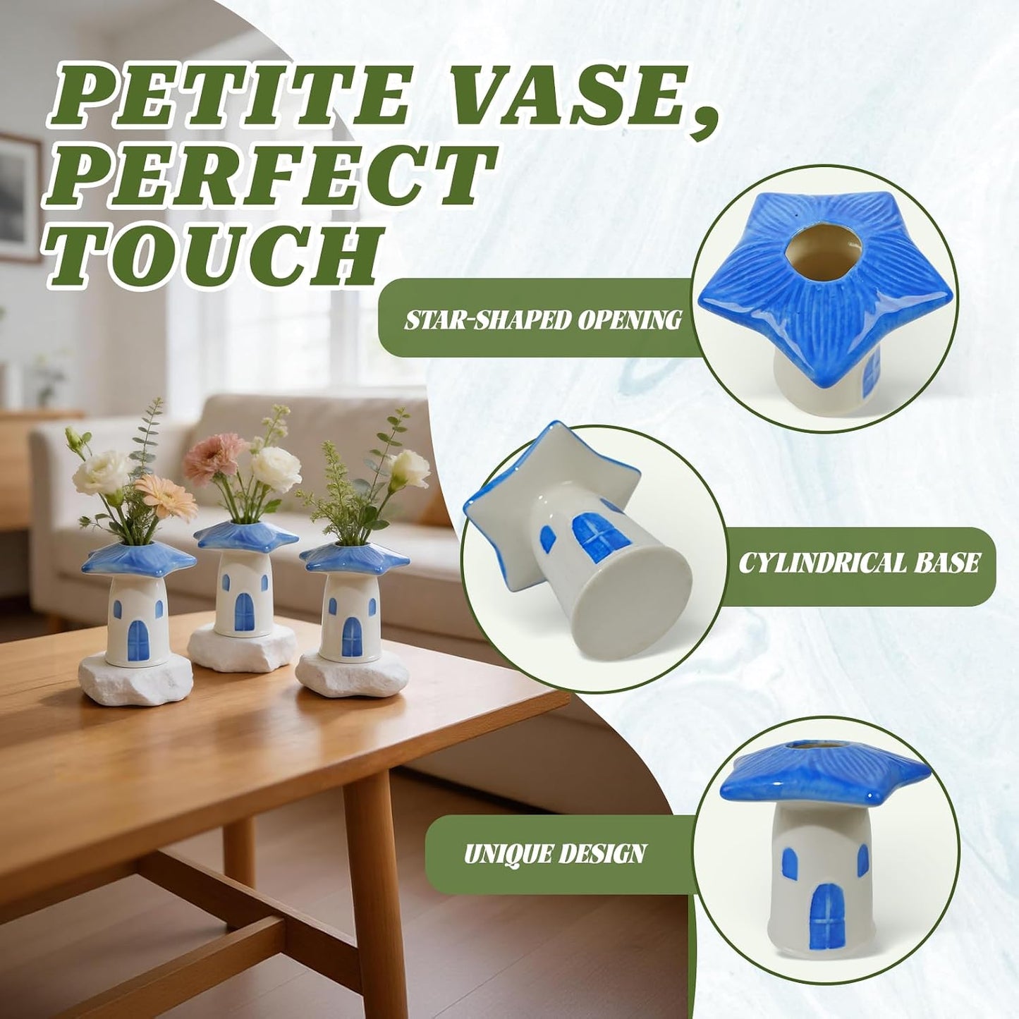 MOUGIGI Cute Blue House Ceramic Bud Vase Set of 3 - Handmade Miniature Vase with Star Roof for Dried Flowers, Chic Japandi Style Decor for Entryway, Dining,Coffee Table - Ideal Small Gift for Home