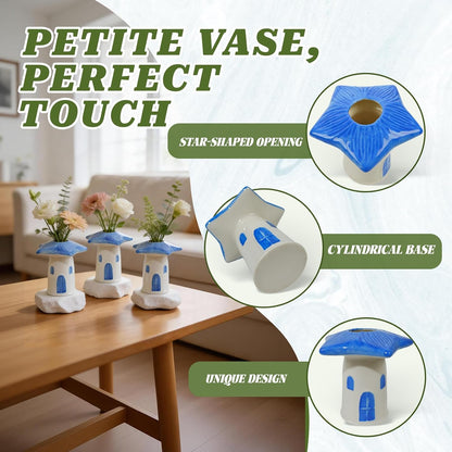 MOUGIGI Cute Blue House Ceramic Bud Vase Set of 3 - Handmade Miniature Vase with Star Roof for Dried Flowers, Chic Japandi Style Decor for Entryway, Dining,Coffee Table - Ideal Small Gift for Home