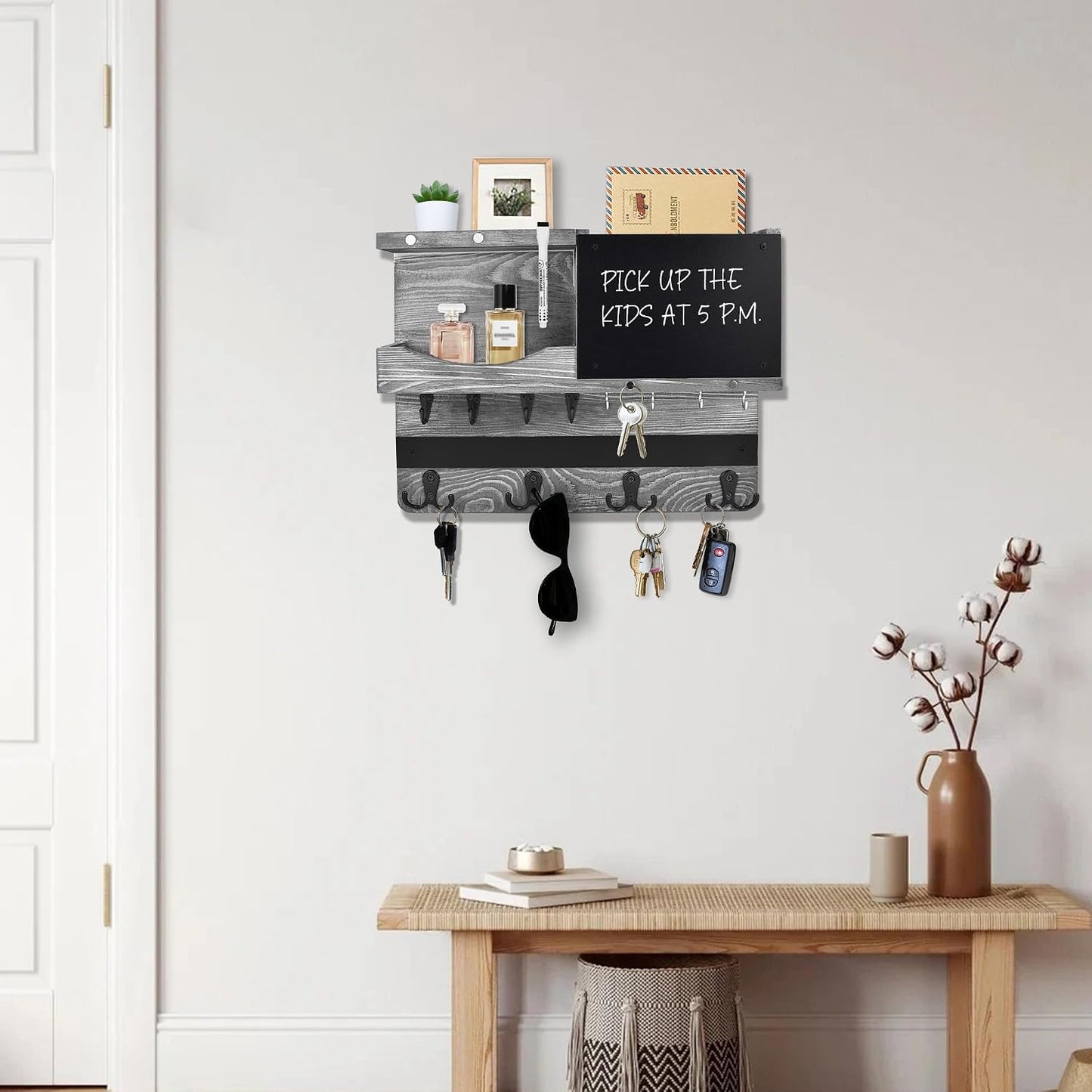 Key Holder for Wall Mount with Shelf and Mail Organizer, Key and Mail Holder with 16 Hooks, Farmhouse Entryway Organizer, Home Decor Rack (Pine Wood, Black)