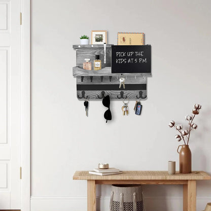 Key Holder for Wall Mount with Shelf and Mail Organizer, Key and Mail Holder with 16 Hooks, Farmhouse Entryway Organizer, Home Decor Rack (Pine Wood, Black)