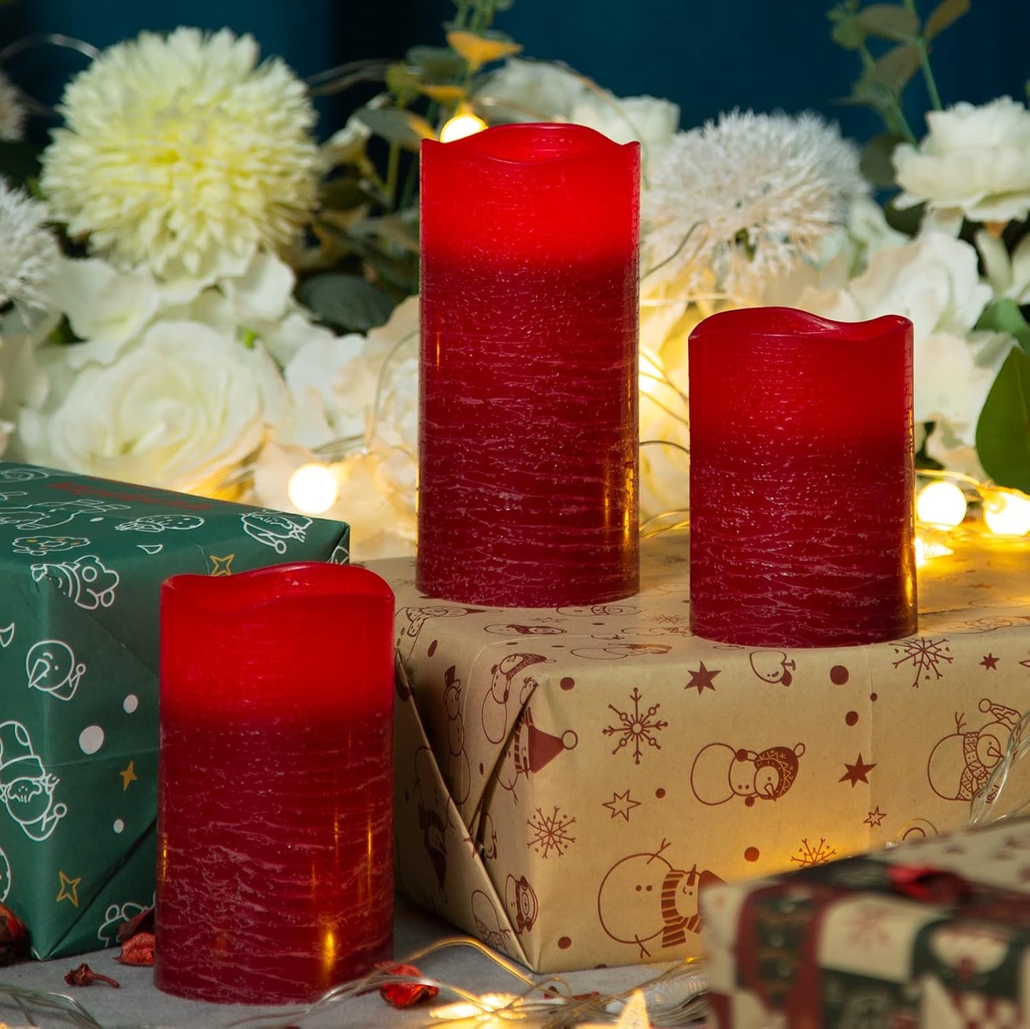 H-BLOSSOM Flickering Flameless Candles Ivory Real Wax Pillar with Embedded String Lights LED Candles Battery Operated with 10 Key Remote and Cycling 5H Timer Set of 3 (3" x 4"/5"/6") (Silver)