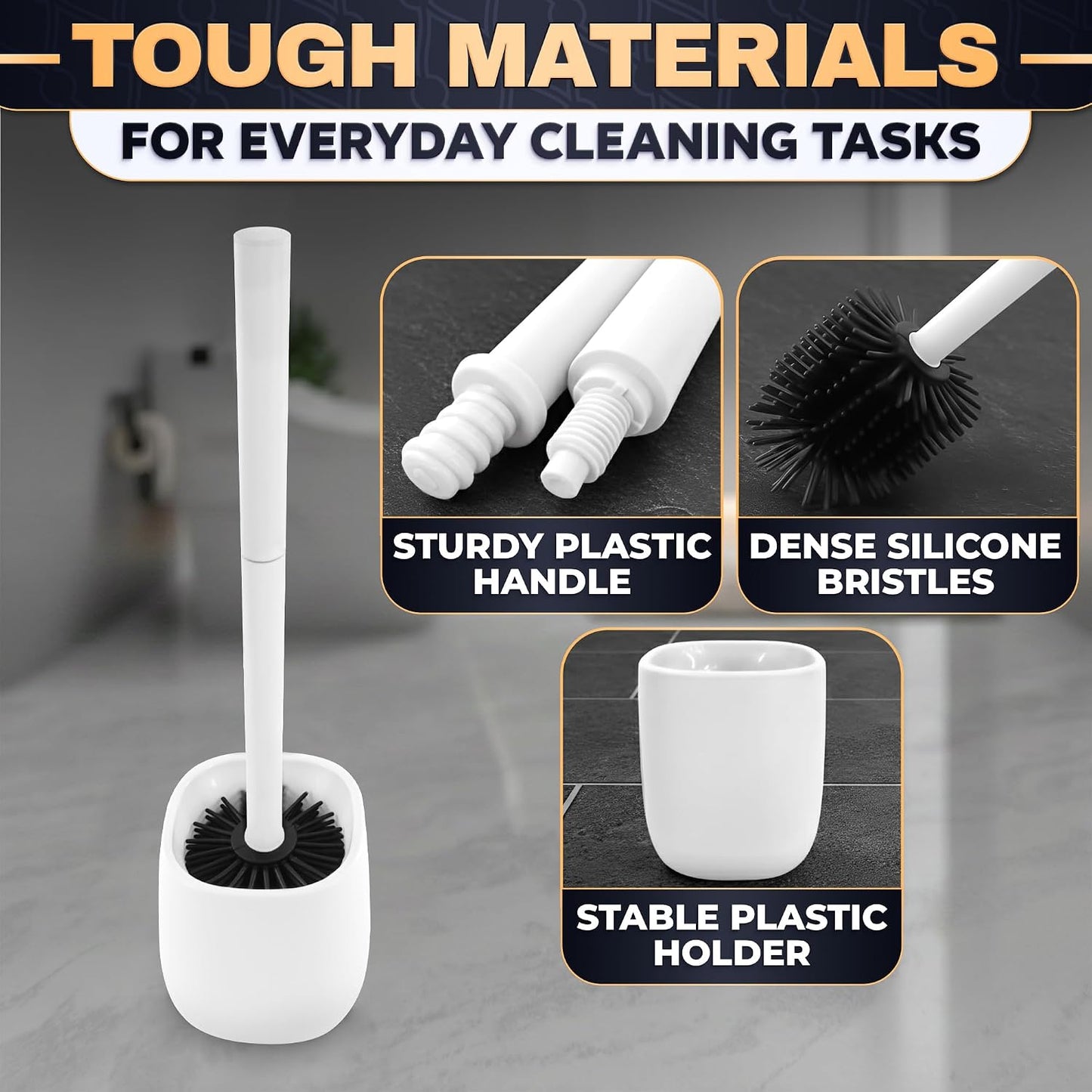 Silicone Toilet Brush and Holder Set - Cream RV Toilet Brush with Holder, Flexible Head, Soft Bristles, Detachable Handle and Freestanding Base, Compact Bathroom Cleaning Tool with Minimalistic Design