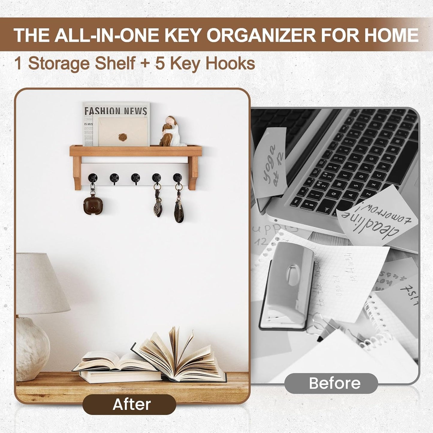 Key and Mail Holder Wall Mount, Key Holder with Shelf and Mail Organizer Wall Mount. Mail Holder with 5 Hooks for Coat, Dog Leash, Home Decor Rack, Entry Way Organizer (White)