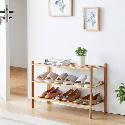 viewcare 3-Tier Black Bamboo Shoe Rack for Entryway, Stackable | Foldable | Natural, Shoe Shelf Storage Organizer for Hallway Closet, Free Standing Shoe Racks for Indoor Outdoor