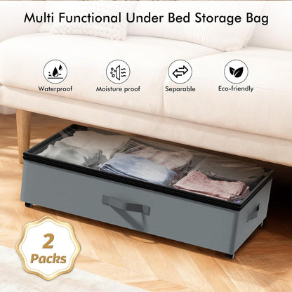 2-Pack Under Bed Storage Containers with Wheels, 75L Each Underbed Storage Organizer with Clear Handles, Collapsible Under Bed Storage Boxes for Clothes, Bedding, Max Load 80 LBS, Gray