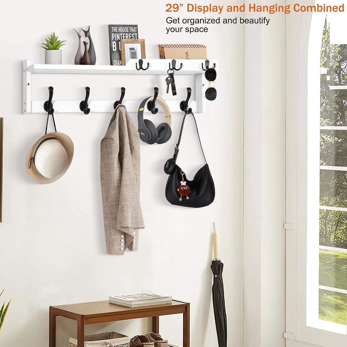 dreampossible Coat Rack Wall Mount with Shelf, Coat Hanger Wall Mount with Key Hooks and Mail Holder, Wood Entryway Floating Shelf with Hooks and Storage, Hat Rack for Wall Key Holder Mail Organizer