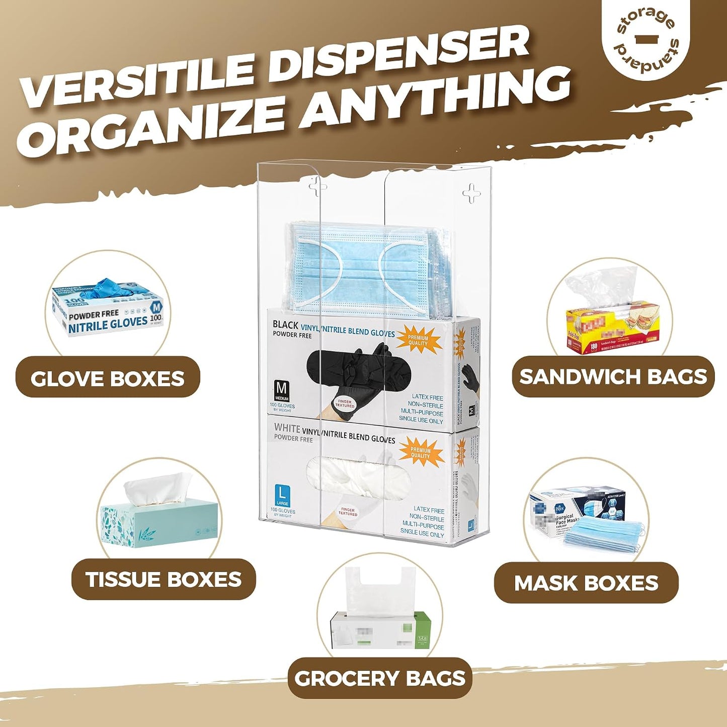 Storage Standard Glove Box Holder Dispenser - Kitchen, Medical, & Latex Gloves Holder Wall Mount or Countertop, Universal Fit - Thick Acrylic, Easy to Use, Slide, & Load Open Top Design - Clear
