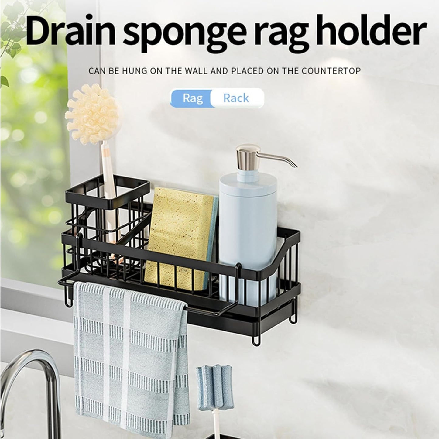 Sponge Holder for Kitchen Sink, Sink Caddy with Brush Holder, Soap Dispenser for Kitchen Organizers, Rustproof and Non-Slip, Suspension or Floor-Standing, Matte Black