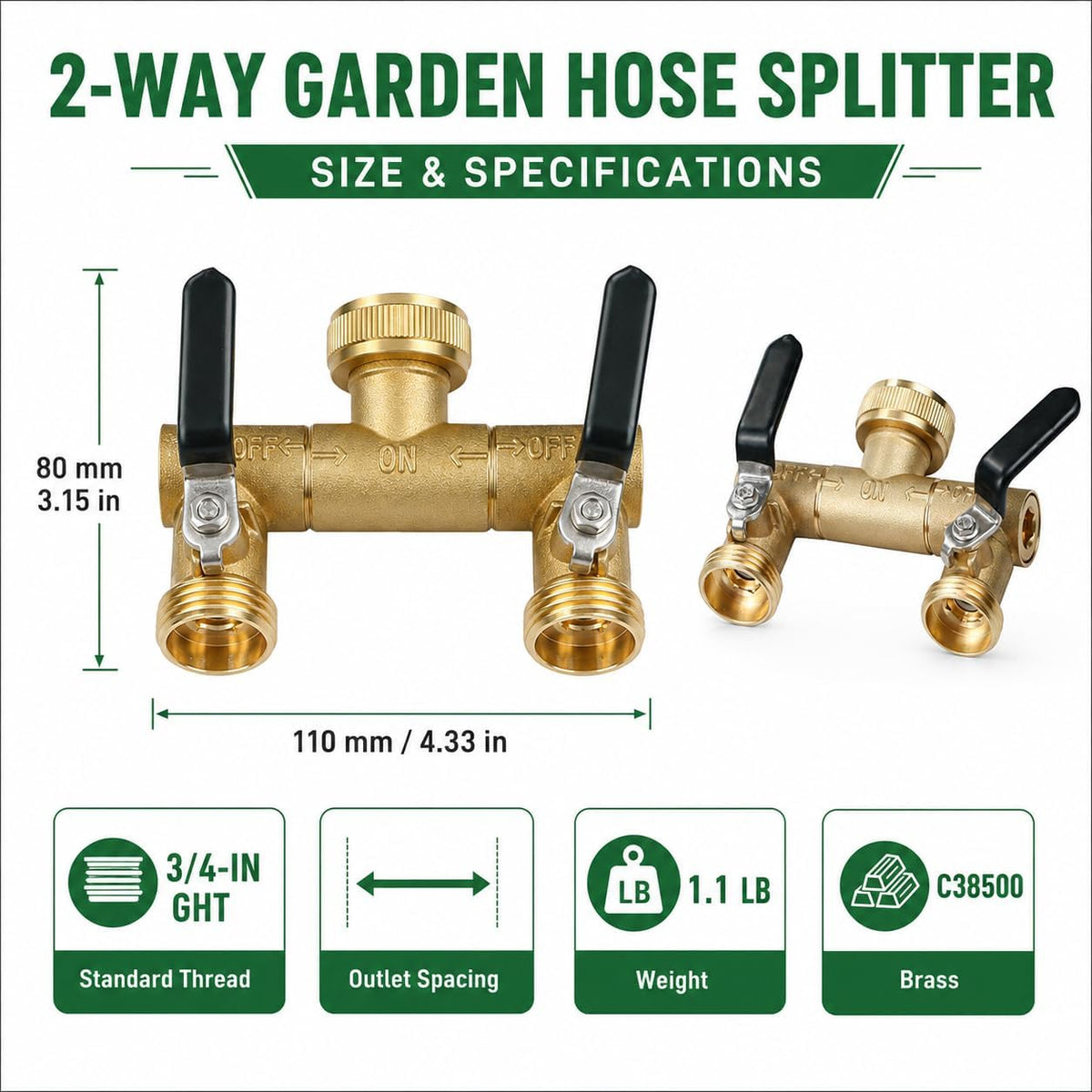 2 Way Garden Hose Splitter Heavy Duty，Full Flow Garden Hose Splitter with 2 Extra Rubber Washers，Brass Rust and Freeze Resistant Water Hose Bib Splitter，3/4” GHT Thread T Adapter
