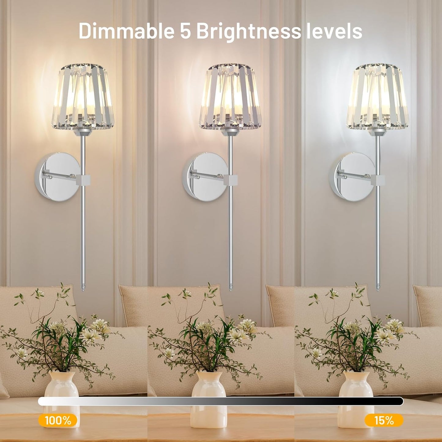 Crystal Battery Operated Wall Sconces Set of 2, Gold Rechargeable Wireless Wall Sconce Lights with Crystal Lampshade, 12 RGB and 3CCT Dimmable Wall Lamps with Remote for Bedroom Living Room Hallway