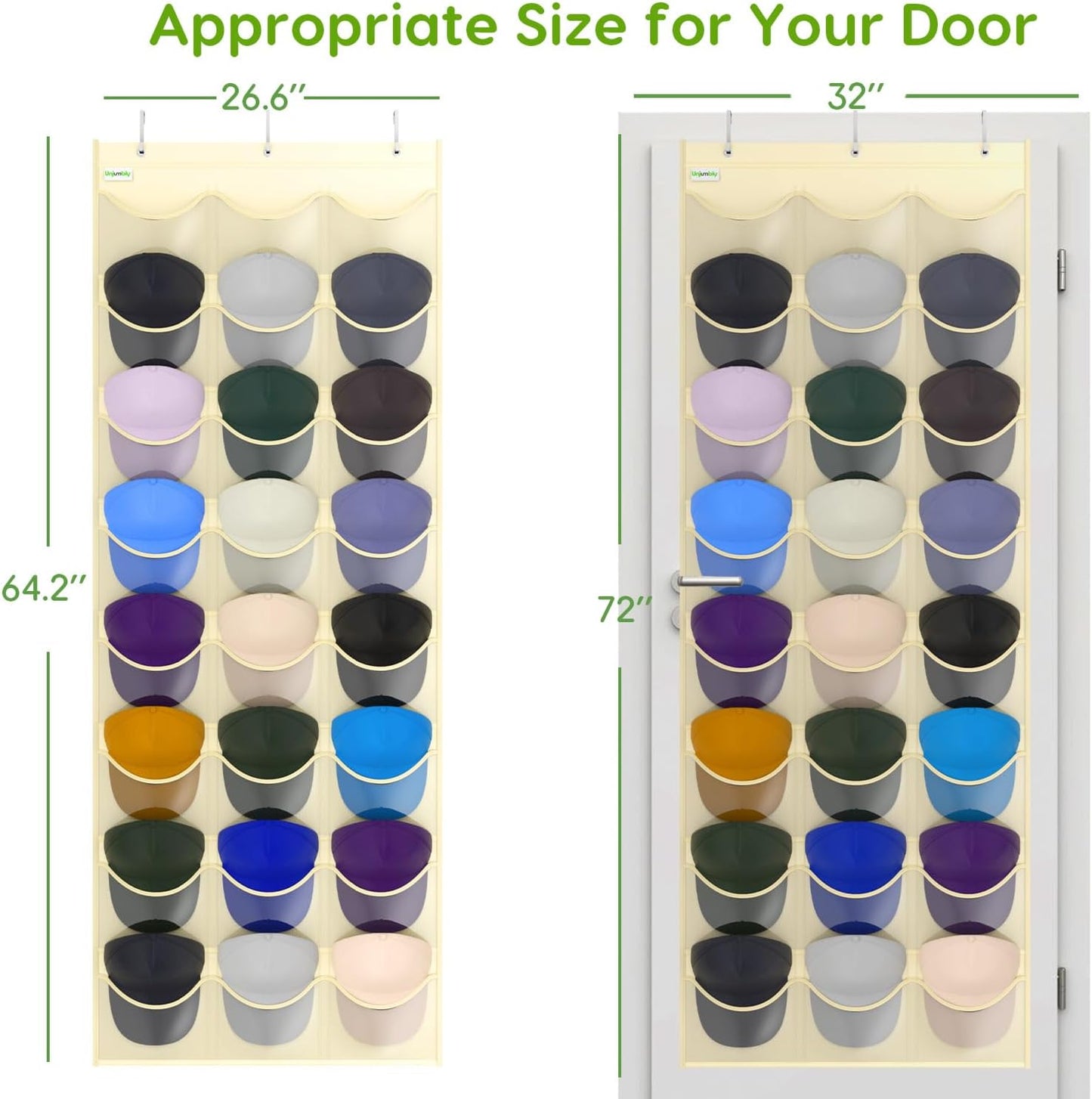 Baseball Hat Rack, 24 Pocket Over-The-Door Hat Organizer with Clear Deep Pockets to Display Baseball Caps Collection, Complete with 3 Over Door Hooks (Black, 24 Pockets)