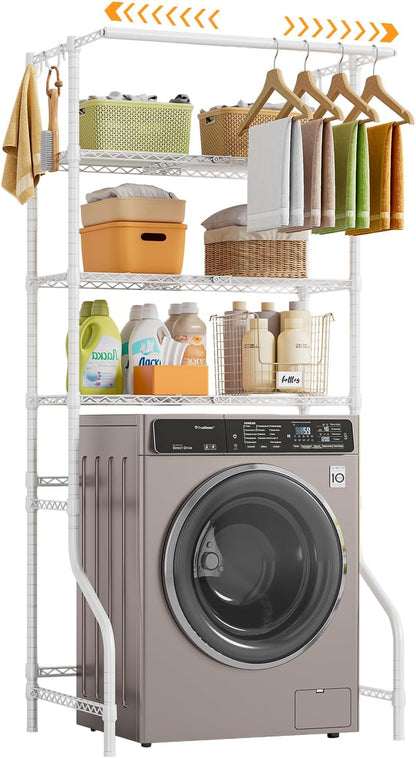 ONBRILL Expandable Over Washer and Dryer Shelves, 3 Tiers Laundry Room Organization and Storage with Hanger Rod, 4 Hooks, Adjustable Height Metal Freestanding Clothes Drying Rack, White