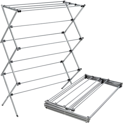 Honey-Can-Do Oversized Collapsible Clothes Drying Rack, 35", 50 lb, Grey | Oversized 35" x 45" steel rack holds 50 lb and folds flat for storage. Air-dry a full load indoors or outdoors.