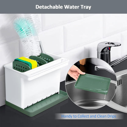 JOMOLA Kitchen Sink Organizer Dish Brush Sponge Holder Caddy Toothbrush Holders for Bathrooms Sinkware Kitchen Utensil Holder Sink Caddy Organizer with 4 Separate Dividers Removable Drain Tray (Grey)