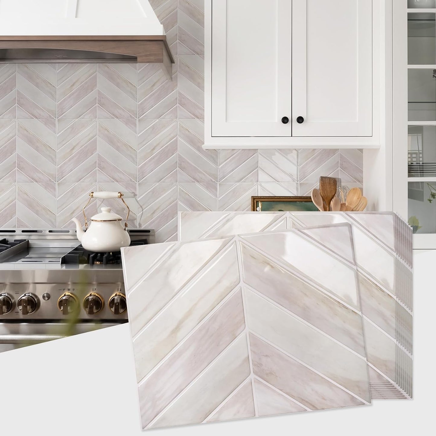 STICKGOO 10 Sheets Thicker Herringbone Peel and Stick Backsplash, 12.6”×9.7” Stick on Wall Tiles, Self Adhesive Tile Sticker for Kitchen Backsplash and Bathroom, White with Grey Grout