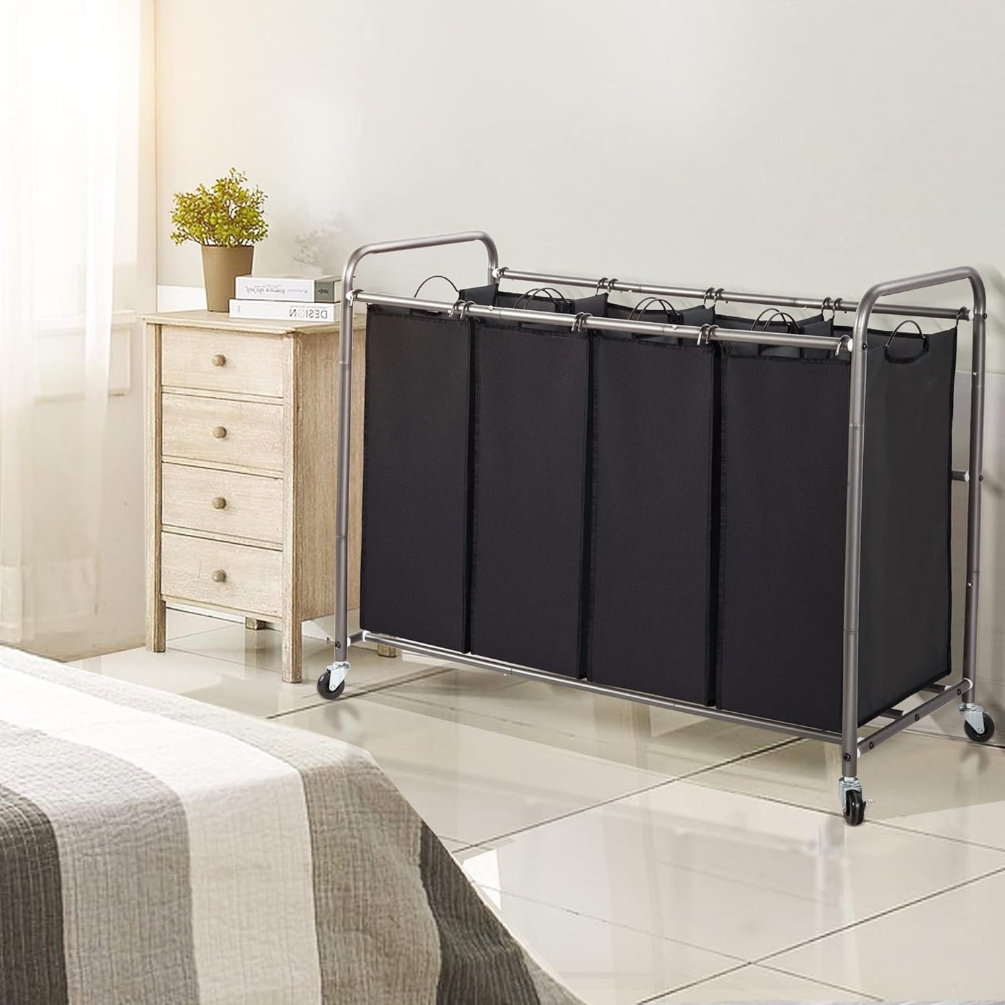 STO STO Laundry Sorter 3 Section, 3 Bag Clothes Hamper, Rolling Laundry Cart Basket with Heavy Duty Lockable Wheels and Removable Bag for Laundry Room, Bedroom, Closet, Gray