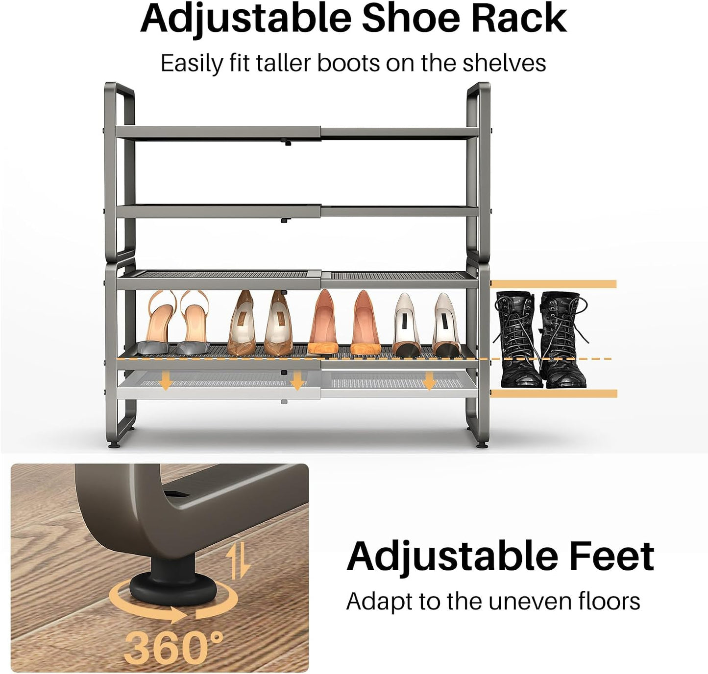 SNTD Shoe Rack - Expandable Shoe Organizer for Closet, Adjustable Metal Shoe Shelf Storage, Stackable Long Shoe Stand Holder for Garage, Entryway, Door Entrance (Black, 2-Tier)