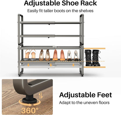 SNTD Shoe Rack - Expandable Shoe Organizer for Closet, Adjustable Metal Shoe Shelf Storage, Stackable Long Shoe Stand Holder for Garage, Entryway, Door Entrance (Black, 2-Tier)