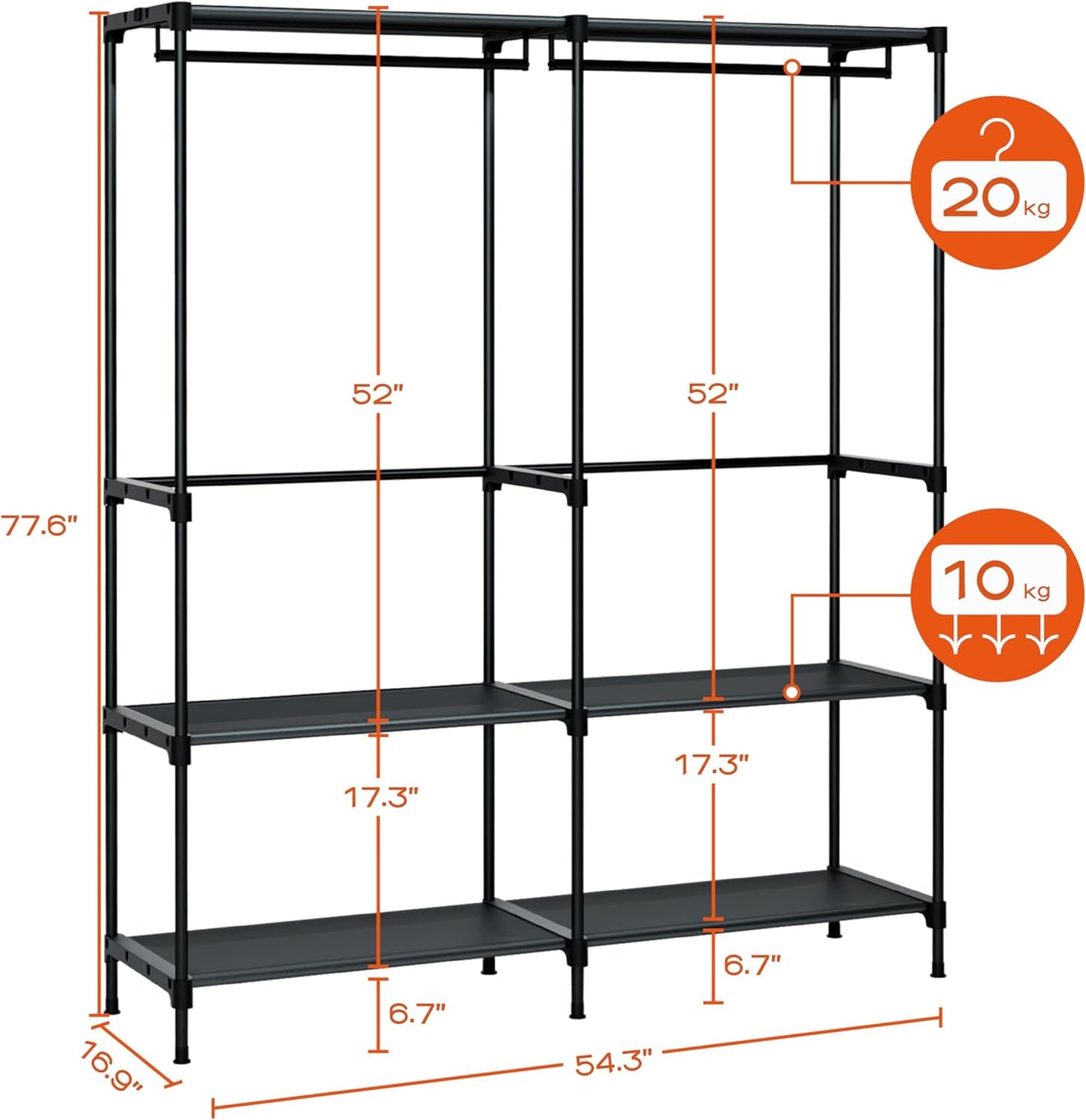 CASAMAYA Clothes Rack, Portable Closet, 80.7 Inch Extra Large Capacity Wardrobe Closet, Clothes Storage Organizer with Shelves and 5 Hanging Rods, Easy to Assembly, Black PCT036B01